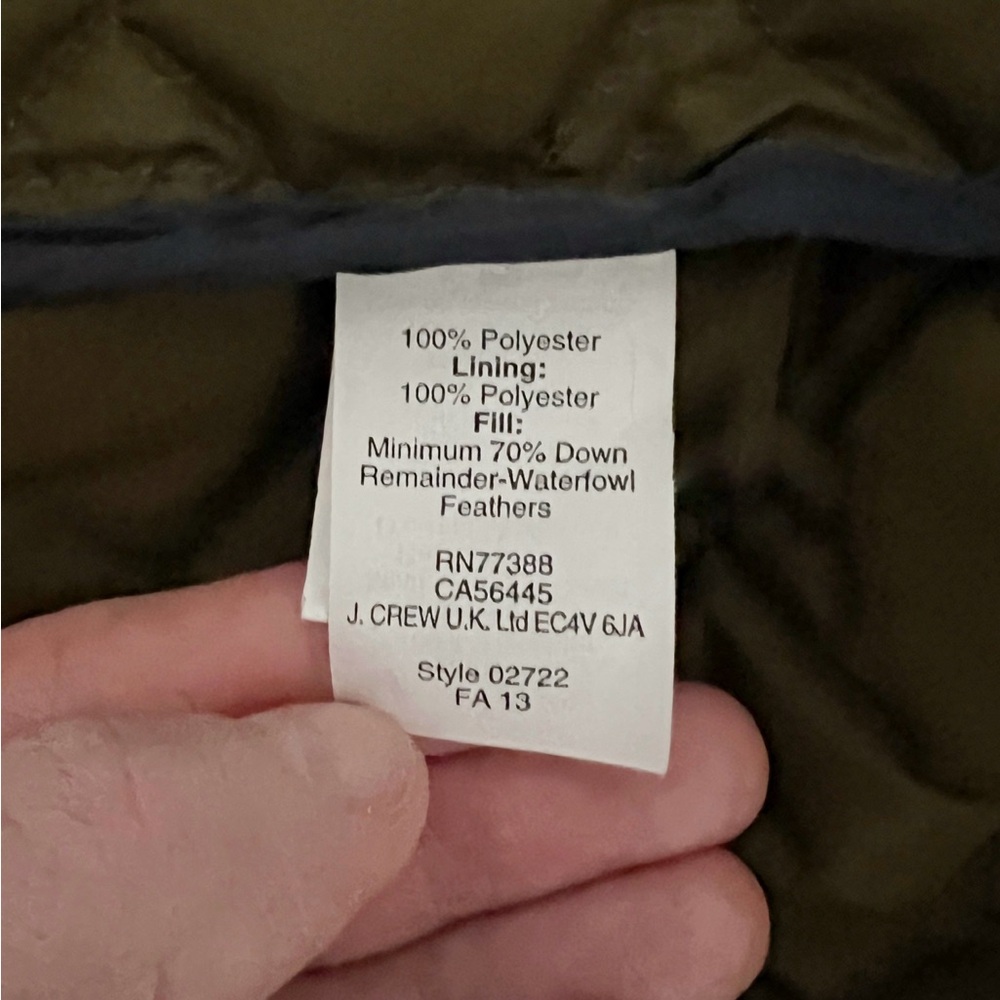 J CREW Quilted Utility Green Down Filled Jacket with Gold Accents - Picture 7 of 7
